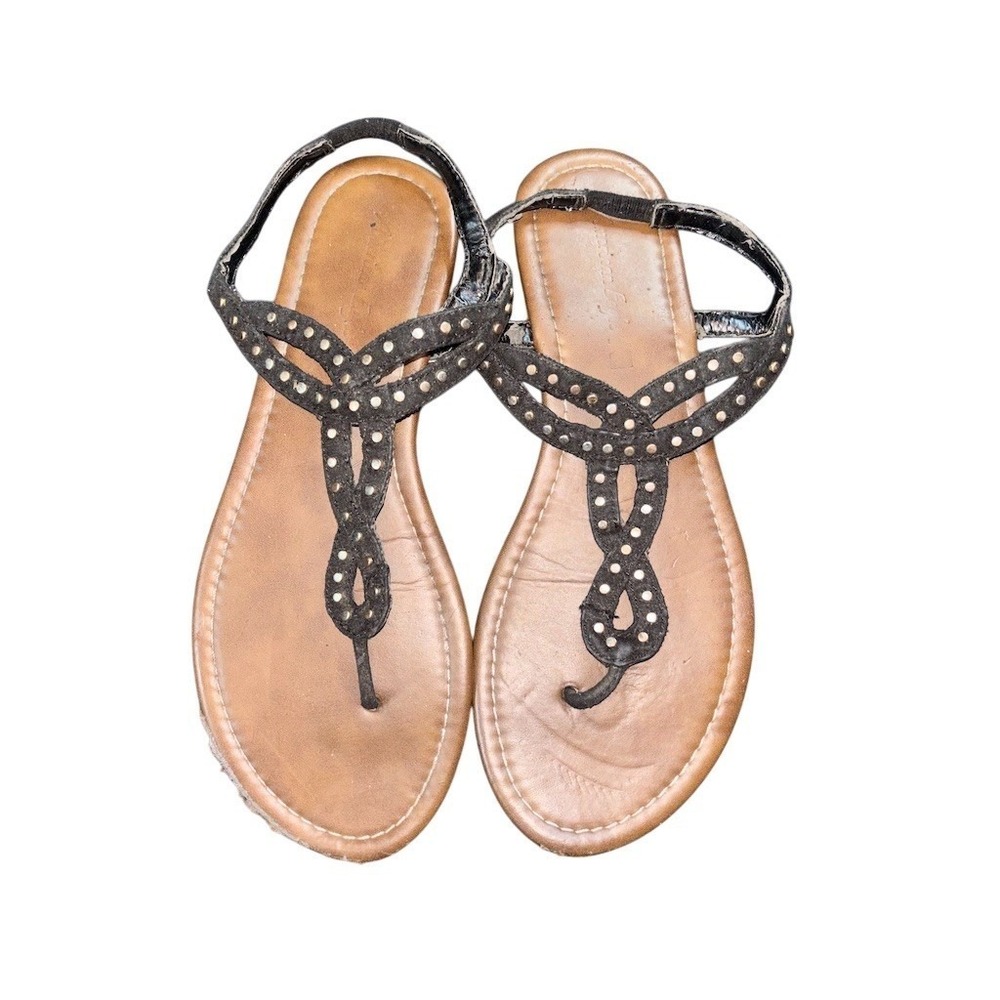 American Eagle AEO Womens Black Studded T-Strap Thong Flat Slip-On Sandal Size 8